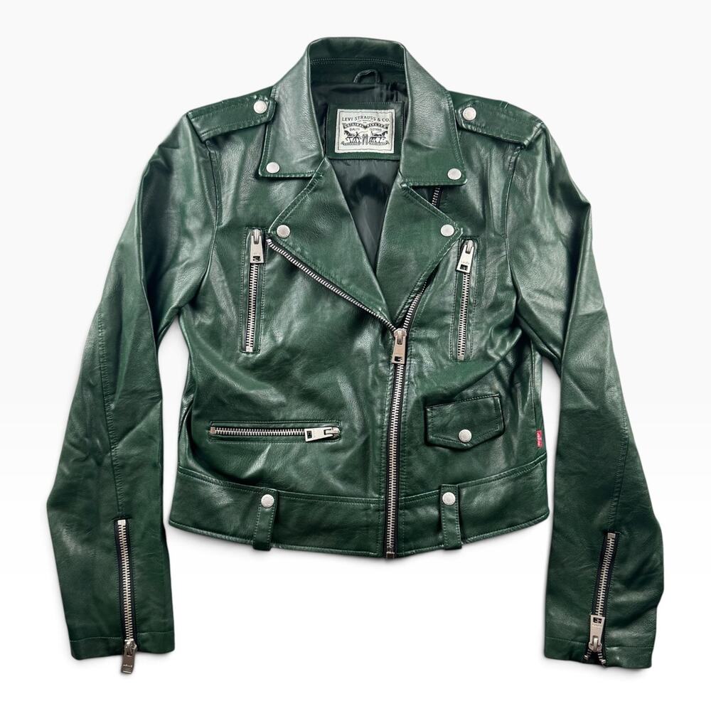 Levi's Womens M Green Faux Leather Moto Biker Jacket Motorcycle Zip Riveted